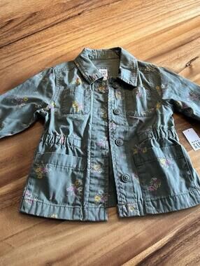 Baby gap 3 Years Toddler Jacket Green Military Chore Coat Painted Flowers NWT